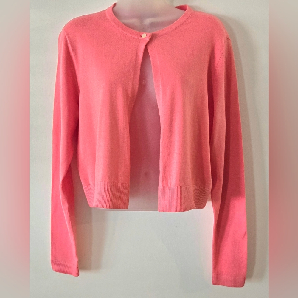 Ladies Chaps Cardigan Sz Large One Button At Neckline Short Pretty Peach Color